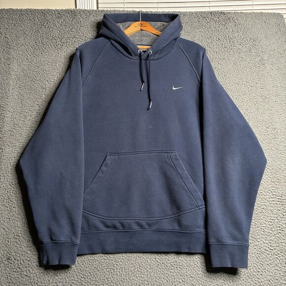Vtg Nike Hoodie Mens L Navy Blue Y2K Swoosh Embroidered Sweatshirt Silver Tag - Picture 2 of 14